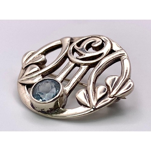 1156 - An Excellent Condition, Edinburgh Hallmarked 2000, Rennie Mackintosh Style, Aquamarine Set, Brooch. ... 