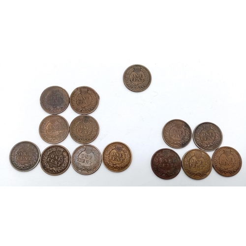 1256 - A 1878, USA Indian Head, 1 Cent Coin.
Plus, 13 other Indian Head, 1 Cent Coins ranging between 1880-... 