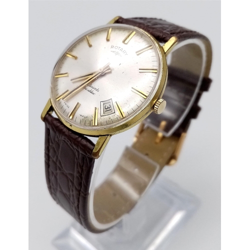 1586 - A Vintage Rotary Mechanical Gents Watch. Brown leather strap. Gilded stainless steel case - 32mm. Wh... 