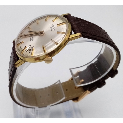 1586 - A Vintage Rotary Mechanical Gents Watch. Brown leather strap. Gilded stainless steel case - 32mm. Wh... 