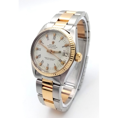 17 - A Bi-Metal Rolex Oyster Perpetual Datejust Mid-Size Unisex Watch. 18k gold and stainless steel brace... 