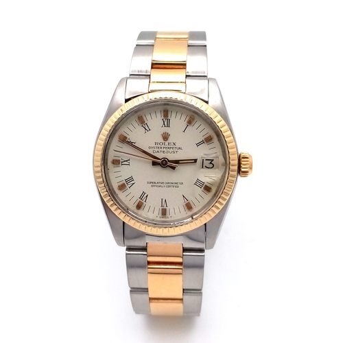 17 - A Bi-Metal Rolex Oyster Perpetual Datejust Mid-Size Unisex Watch. 18k gold and stainless steel brace... 