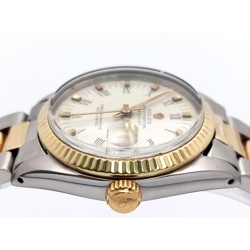 17 - A Bi-Metal Rolex Oyster Perpetual Datejust Mid-Size Unisex Watch. 18k gold and stainless steel brace... 