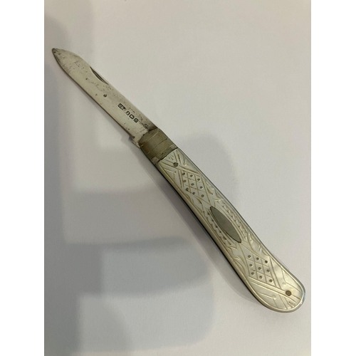 209 - Antique SILVER BLADED FRUIT KNIFE With beautifully decorated mother of pearl handle. Having clear ha... 