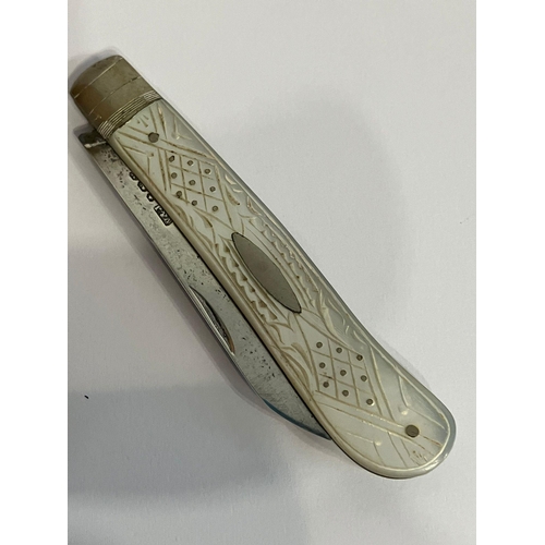 209 - Antique SILVER BLADED FRUIT KNIFE With beautifully decorated mother of pearl handle. Having clear ha... 