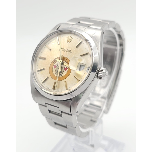 234 - A ROLEX OYSTERDATE IN STAINLESS STEEL SPORTING THE EAGLE LOGO OF ABU DHABI .(DIAL NEEDS CLEANING)  3... 