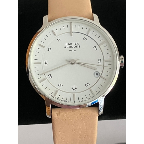 294 - Ladies HARPER & BROOKS WRISTWATCH. Finished in silver tone stainless steel with cream Italian leathe... 