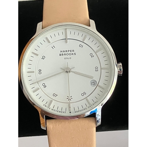 294 - Ladies HARPER & BROOKS WRISTWATCH. Finished in silver tone stainless steel with cream Italian leathe... 