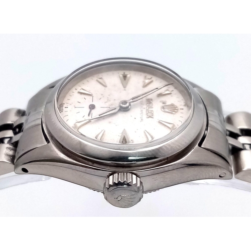 309 - A VINTAGE LADIES ROLEX OYSTER PERPETUAL IN STAINLESS STEEL , WITH AUTOMATIC MOVEMENT AND ATTRACTIVE ... 