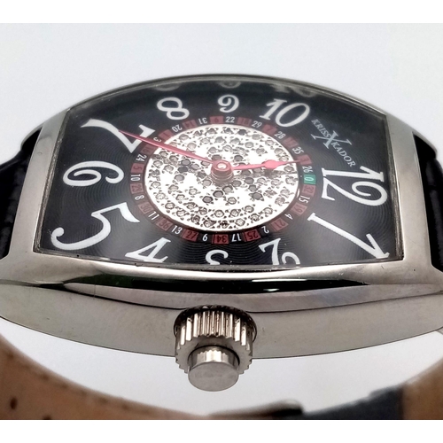 482 - A KRISS KADOR DIAMOND SPINNING ROULETTE AUTOMATIC WATCH WITH SKELETON BACK , NEW AND UNWORN .   34 X... 