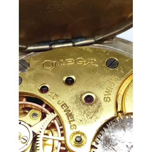 489 - AN VINTAGE OMEGA POCKET WATCH IN STAINLESS STEEL WITH GOLD HANDS (OVERWOUND)  48mm