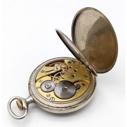 489 - AN VINTAGE OMEGA POCKET WATCH IN STAINLESS STEEL WITH GOLD HANDS (OVERWOUND)  48mm