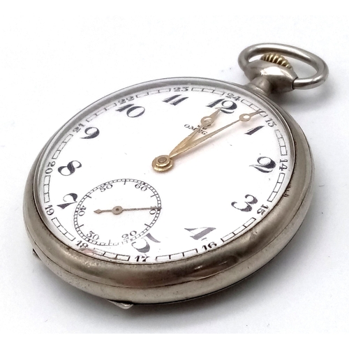 489 - AN VINTAGE OMEGA POCKET WATCH IN STAINLESS STEEL WITH GOLD HANDS (OVERWOUND)  48mm