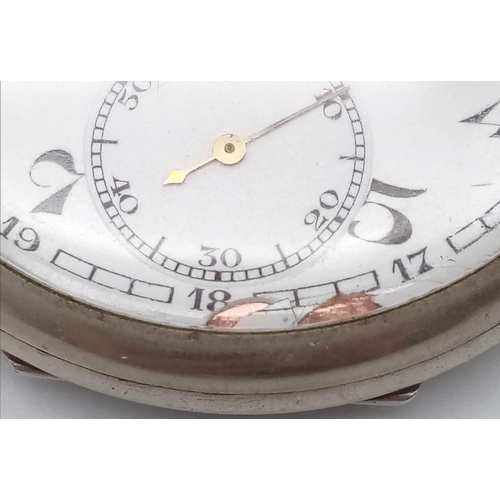 489 - AN VINTAGE OMEGA POCKET WATCH IN STAINLESS STEEL WITH GOLD HANDS (OVERWOUND)  48mm