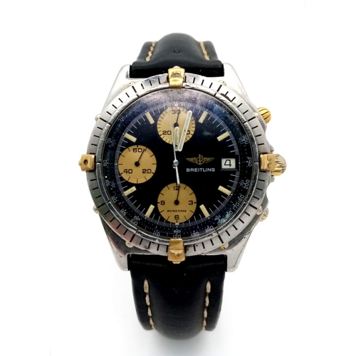 505 - AN EARLY BREITLING CHRONOGRAPH WITH 3 SUBDIALS AND BLACK FACE AND ON A LEATHER STRAP .40mm     a/f