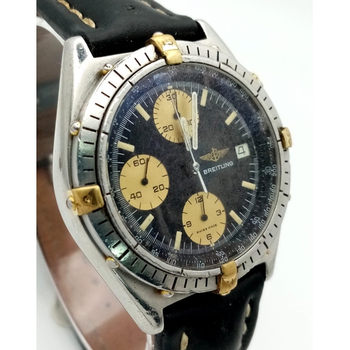 505 - AN EARLY BREITLING CHRONOGRAPH WITH 3 SUBDIALS AND BLACK FACE AND ON A LEATHER STRAP .40mm     a/f