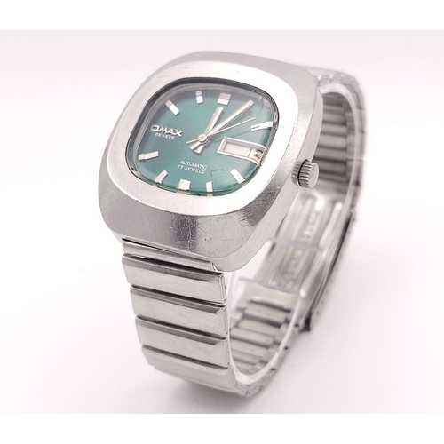 681 - A Vintage Omax Swiss Automatic Gents Watch. Stainless steel bracelet and case - 37mm. Metallic green... 