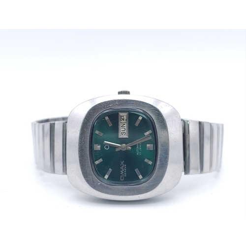 681 - A Vintage Omax Swiss Automatic Gents Watch. Stainless steel bracelet and case - 37mm. Metallic green... 