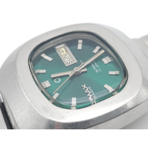 681 - A Vintage Omax Swiss Automatic Gents Watch. Stainless steel bracelet and case - 37mm. Metallic green... 