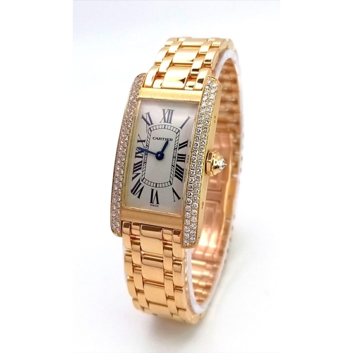 72 - An 18K Gold and Diamond Cartier Tank Americaine Ladies Watch. 18K gold bracelet and case - 19mm widt... 