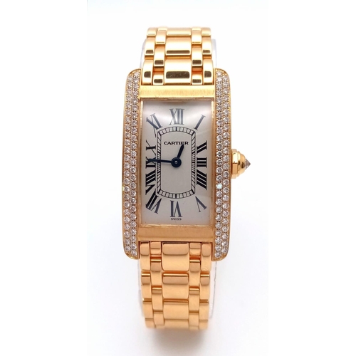 72 - An 18K Gold and Diamond Cartier Tank Americaine Ladies Watch. 18K gold bracelet and case - 19mm widt... 