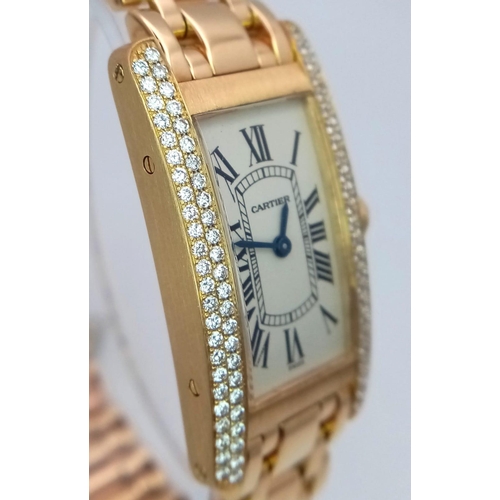 72 - An 18K Gold and Diamond Cartier Tank Americaine Ladies Watch. 18K gold bracelet and case - 19mm widt... 