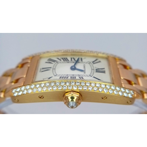 72 - An 18K Gold and Diamond Cartier Tank Americaine Ladies Watch. 18K gold bracelet and case - 19mm widt... 