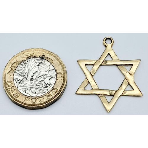 830 - A 14KT Yellow Gold, Star of David Pendant.
Measures 3cm wide.
Weight: 1.86g