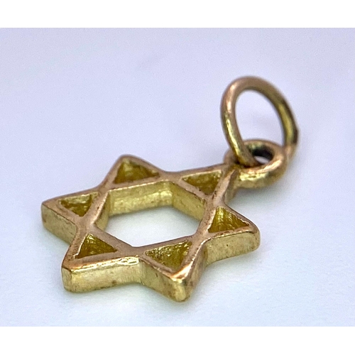 933 - A 9KT Yellow Gold, Star of David Pendant.
Measures 1cm wide.
Weight: 0.50g