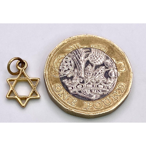 933 - A 9KT Yellow Gold, Star of David Pendant.
Measures 1cm wide.
Weight: 0.50g