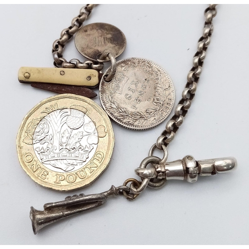 1194 - An Antique Silver Albert Chain with Antique Silver Coins Fob with Miniature Penknife. Chain also has... 