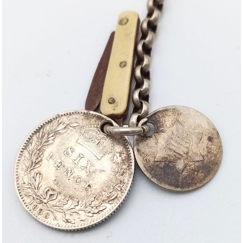 1194 - An Antique Silver Albert Chain with Antique Silver Coins Fob with Miniature Penknife. Chain also has... 