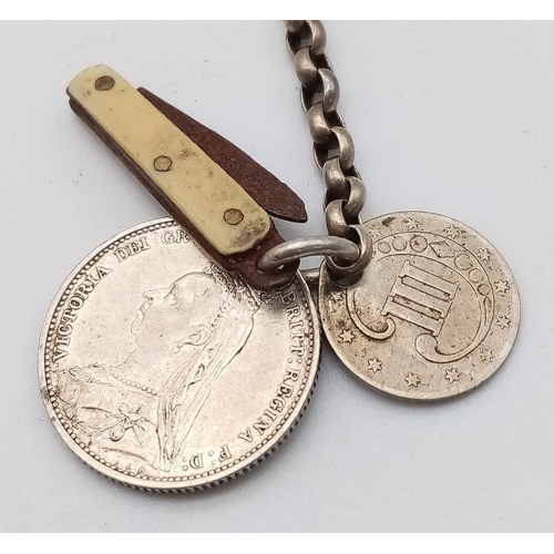 1194 - An Antique Silver Albert Chain with Antique Silver Coins Fob with Miniature Penknife. Chain also has... 