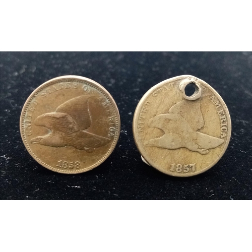 1752 - Two USA, Flying Eagle One Cent Coins.
A 1857 (Holed) and a 1858.
See photos for condition.