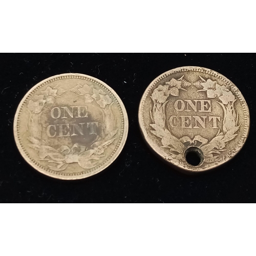 1752 - Two USA, Flying Eagle One Cent Coins.
A 1857 (Holed) and a 1858.
See photos for condition.