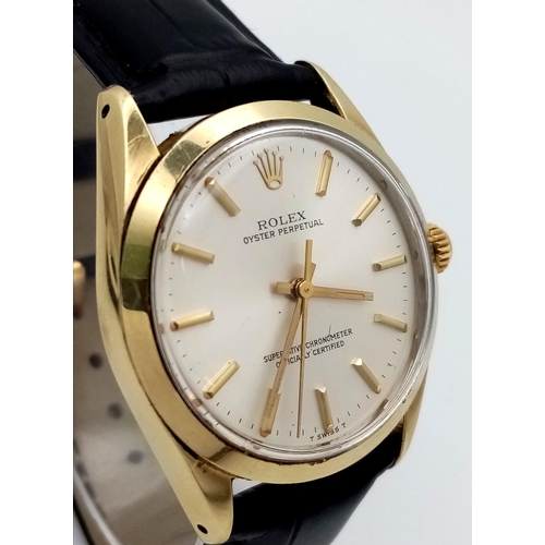 601 - A VINTAGE ROLEX OYSTER PERPETUAL GENTS WATCH ON THE ORIGINAL ROLEX BLACK LEATHER STRAP ONLY WORN A F... 