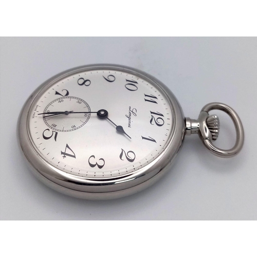 519 - A LONGINE STAINLESS STEEL TOP WIND POCKET WATCH IN VERY GOOD CONDITION .