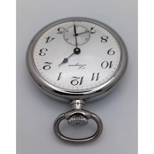 519 - A LONGINE STAINLESS STEEL TOP WIND POCKET WATCH IN VERY GOOD CONDITION .