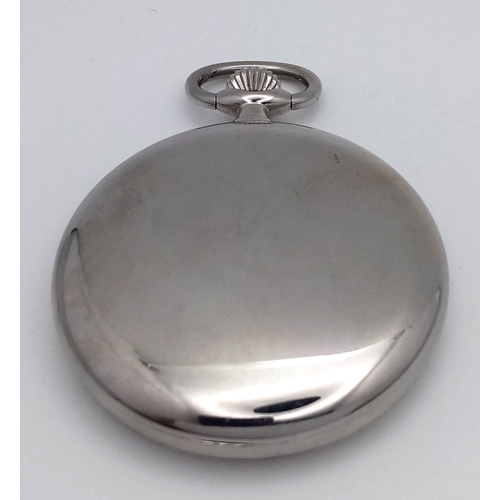 519 - A LONGINE STAINLESS STEEL TOP WIND POCKET WATCH IN VERY GOOD CONDITION .