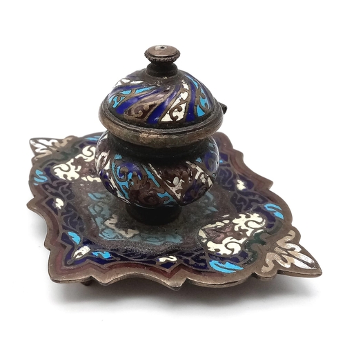 433 - A VERY EARLY TIBETAN BRONZE AND ENAMEL INK WELL .  10 X 8cms