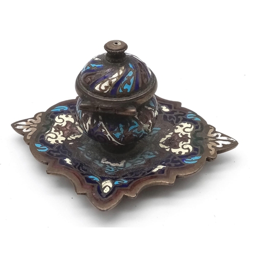 433 - A VERY EARLY TIBETAN BRONZE AND ENAMEL INK WELL .  10 X 8cms