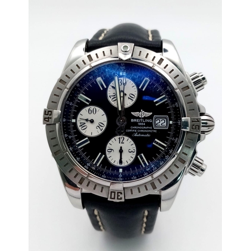 622 - A BREITLING CHRONOGRAPH WITH 3 SUBDIALS AND DATE BOX , AUTOMATIC AND ON THE ORIGINAL BREITLING BLACK... 