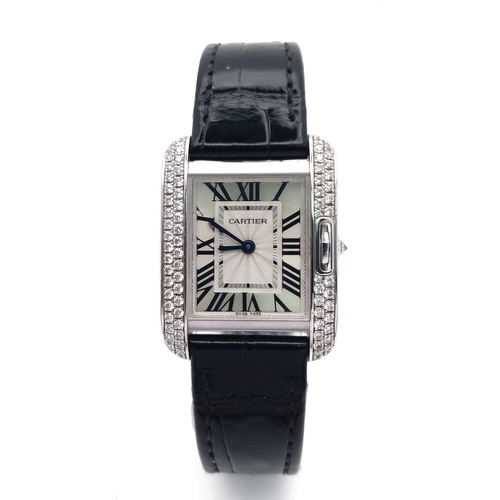 76 - 18K WHITE GOLD DIAMOND CARTIER TANK ANGLAIS WATCH, SQUARE FACE ROMAN DIALS AND DIAMOND BEZEL, BLACK ... 