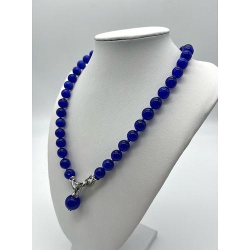 1425 - A Mesmerising Dark Blue Cat's Eye Necklace with Drop Pendant. White stone accents. 10mm beads. Neckl... 