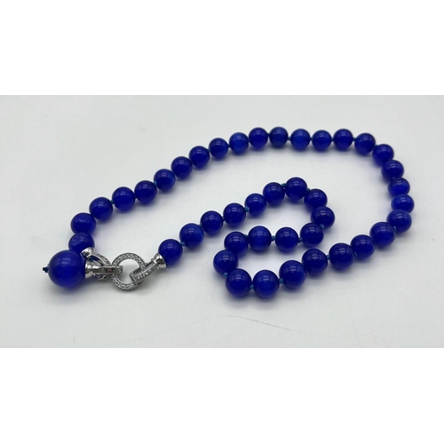 1425 - A Mesmerising Dark Blue Cat's Eye Necklace with Drop Pendant. White stone accents. 10mm beads. Neckl... 