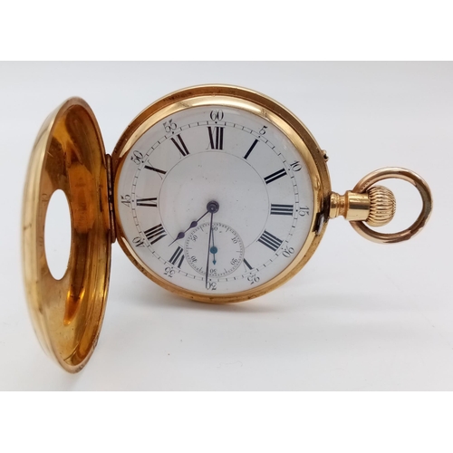 1445 - An Antique Gold Plated Half Hunter Pocket Watch. Top winder. White dial with second sub dial. In wor... 