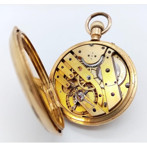 1445 - An Antique Gold Plated Half Hunter Pocket Watch. Top winder. White dial with second sub dial. In wor... 