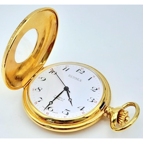 1600 - A Vintage Bernex 17 Jewel Half Hunter Gold Plated Pocket Watch. Top winder. White dial. Ornate decor... 