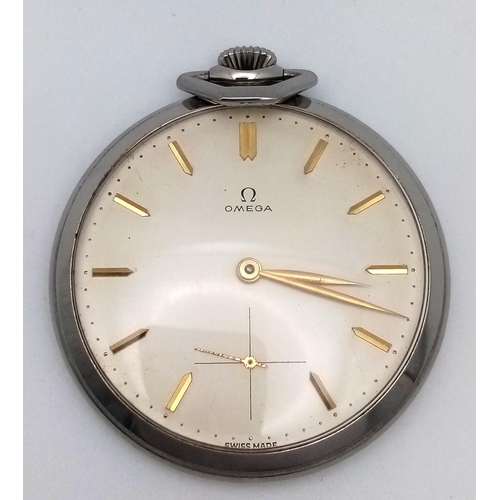 615 - A VINTAGE TOP WINDING OMEGA POCKET WATCH WITH GOLD HANDS AND NUMERALS IN EXCELLENT CONDITION .  50mm