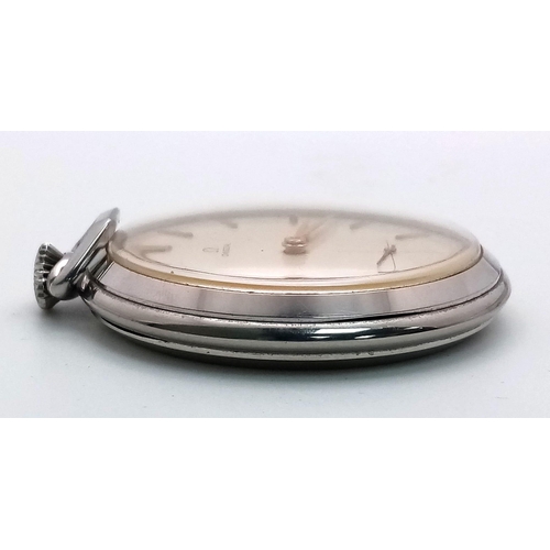 615 - A VINTAGE TOP WINDING OMEGA POCKET WATCH WITH GOLD HANDS AND NUMERALS IN EXCELLENT CONDITION .  50mm